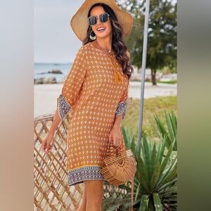 Hotouch dress NWT size L, 3/4 sleeves with rushing, bored on bottom/sleeves